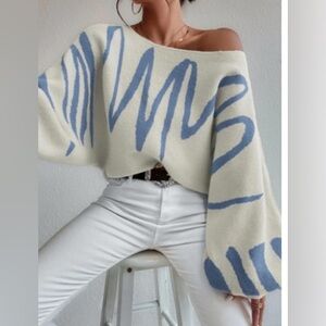 Stylish Off-Shoulder Sweater in Cream and Blue